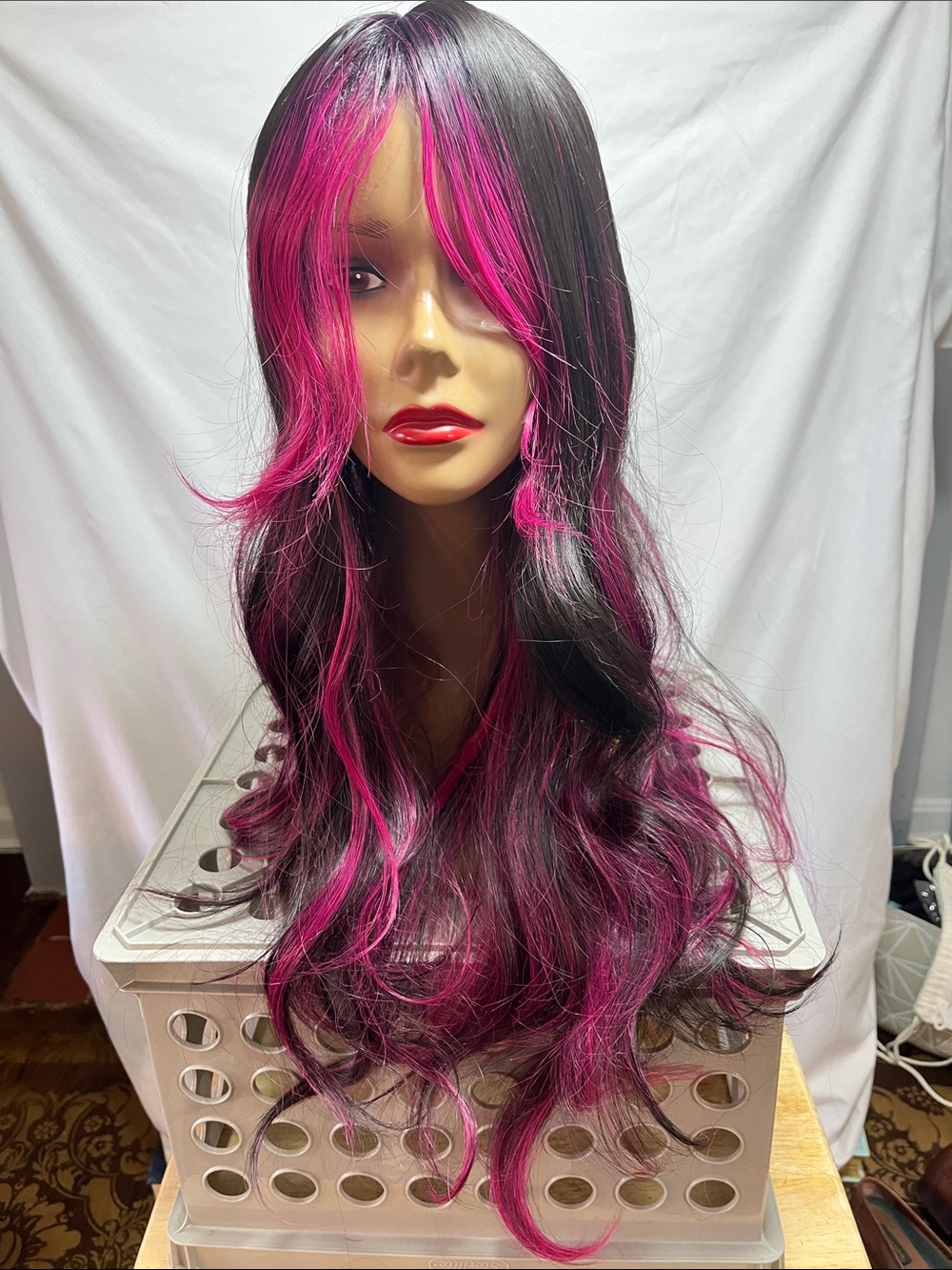 Women’s Long Wavy Black Wig with Hot Pink Highlights.  27”